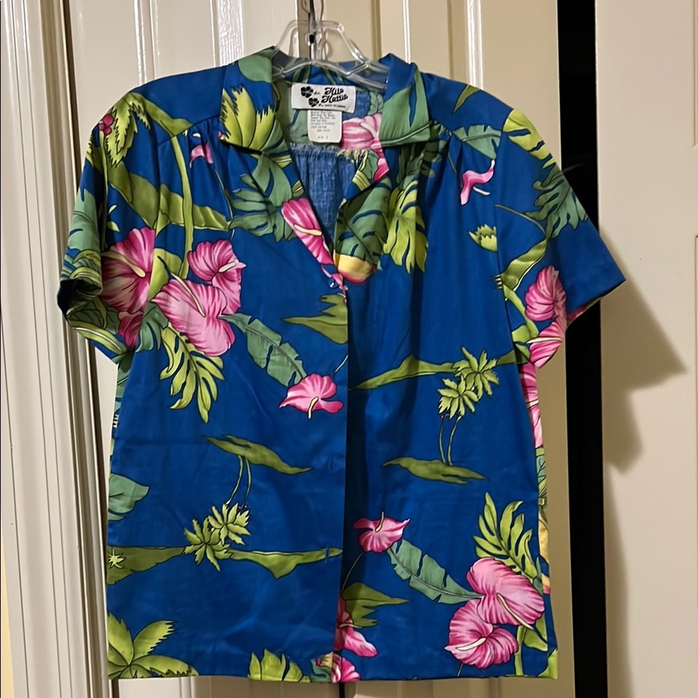 Hilo Hattie Genuine Hawaiian Blue Shirt with Pink and Green Floral